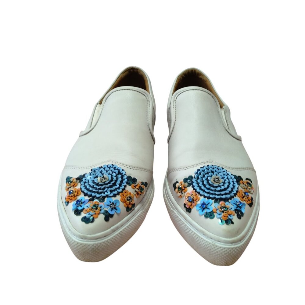 Coach C103 Size 11 White Leather Pointed Top Slip On Sneakers Floral Sequin